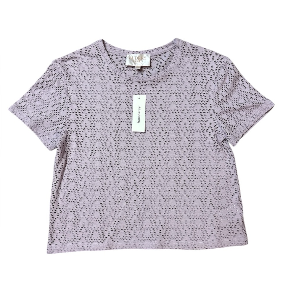 Audrey Parks + Francesca’s Junior Lilac Eyelet Short Sleeve Top, size small NWT